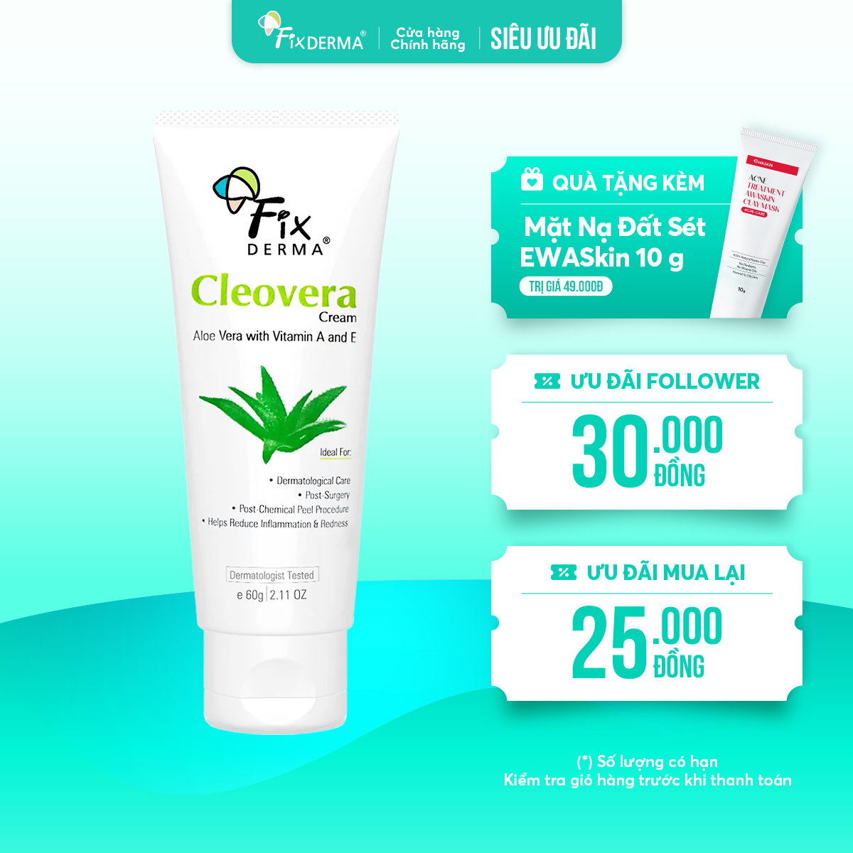 Kem dưỡng ẩm giúp da mềm mại Fixderma Cleovera Cream 60g – Giải pháp phục hồi và làm dịu làn da khô nhạy cảm