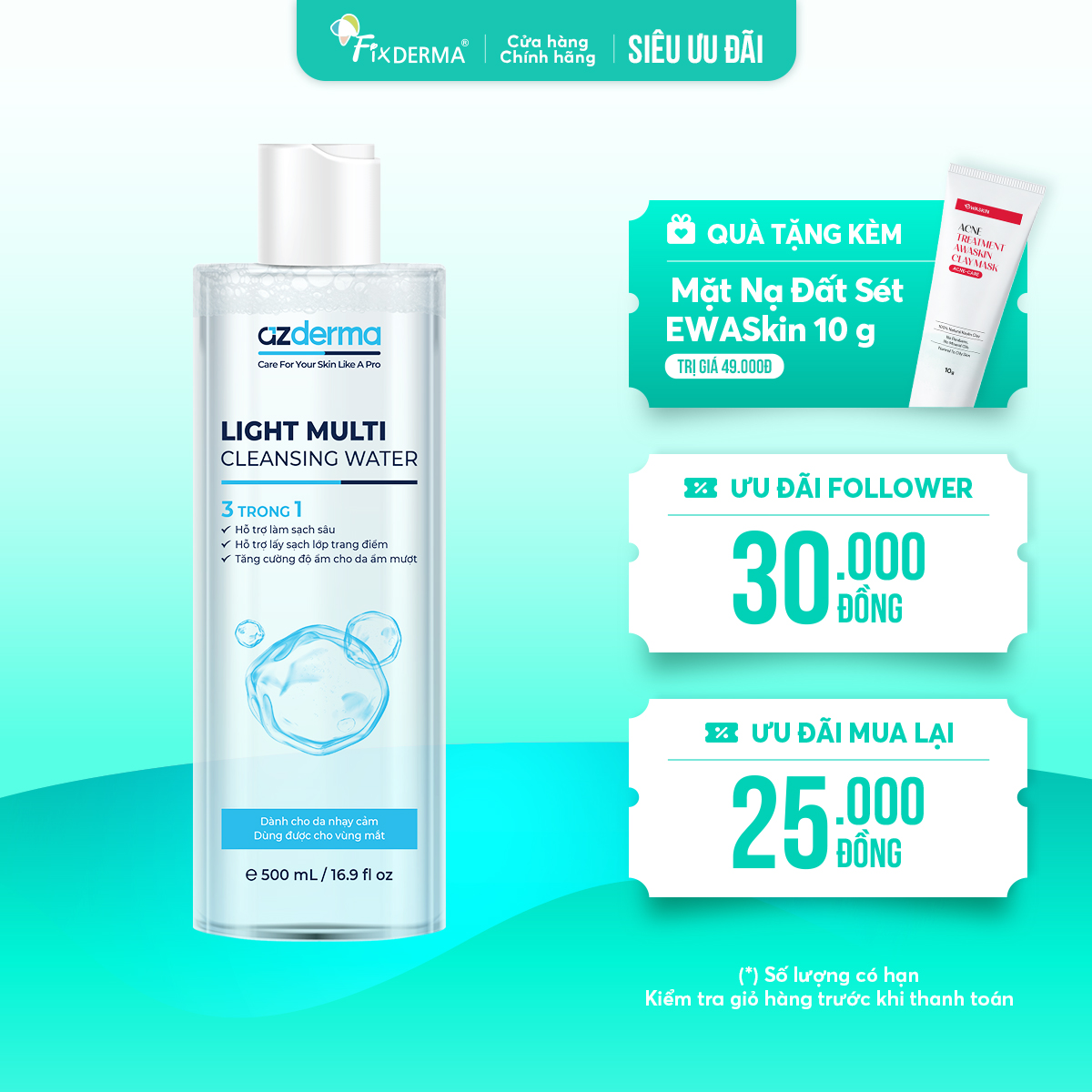 Nước tẩy trang Azderma Light Multi Cleansing Water