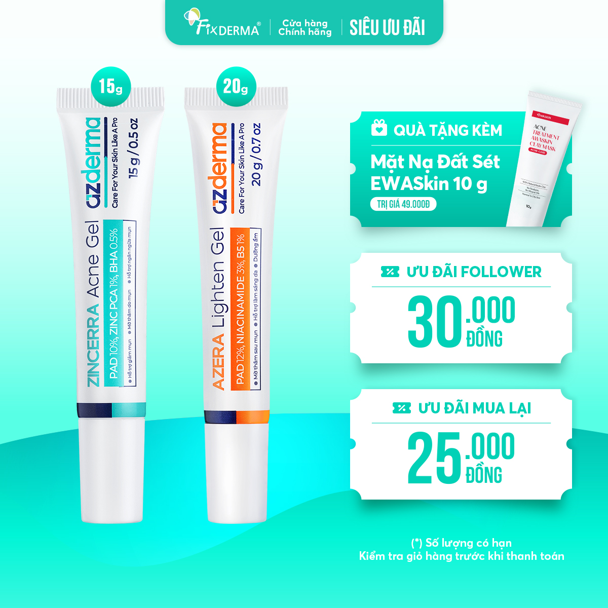 Bộ đôi trị mụn mờ thâm Azderma Zincerra 15g & Azera Lighten 20g Bộ đôi trị mụn mờ thâm Azderma Zincerra 15g & Azera Lighten 20g